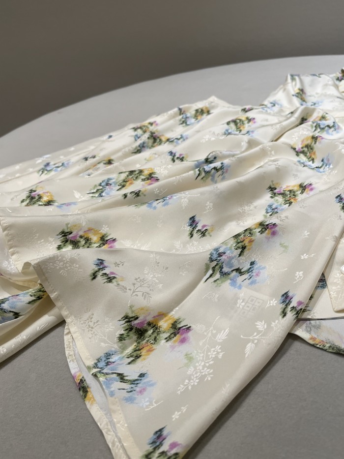 DIOR Mid-Length Flared Skirt Blouse with Removablel Bow Tie Ecru Multicolor Dior Secret Garden Silk Twil#380347