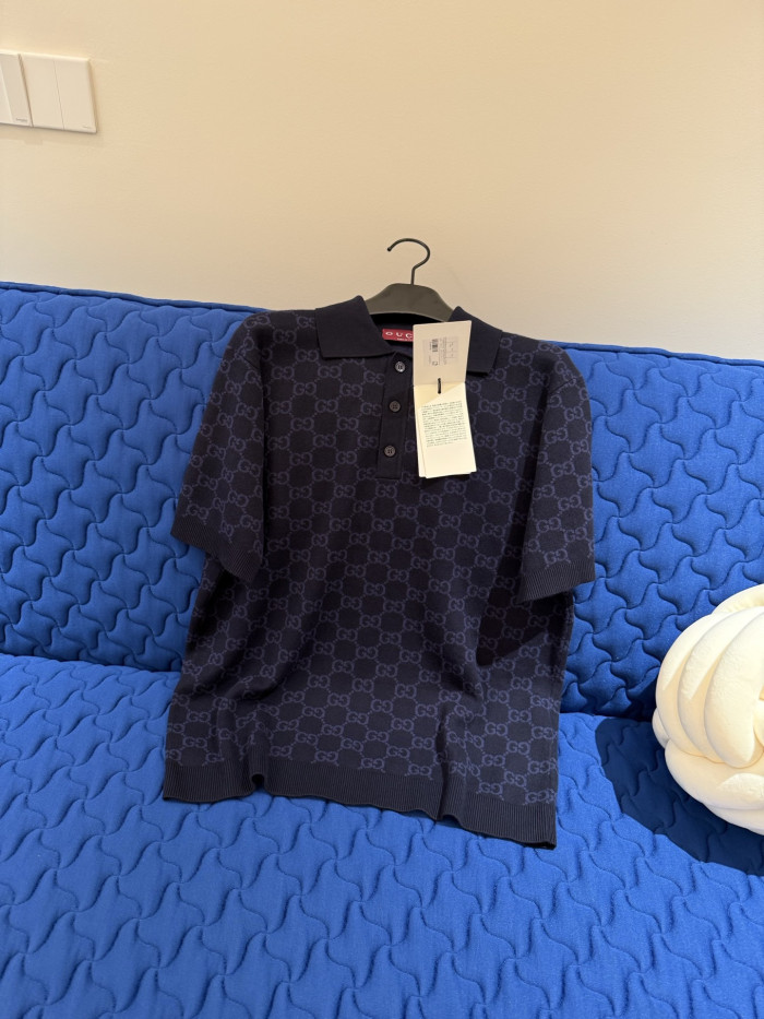 GUCCI GG Cotton Silk Jacquard Polo Shirt in Dark Blue #379147