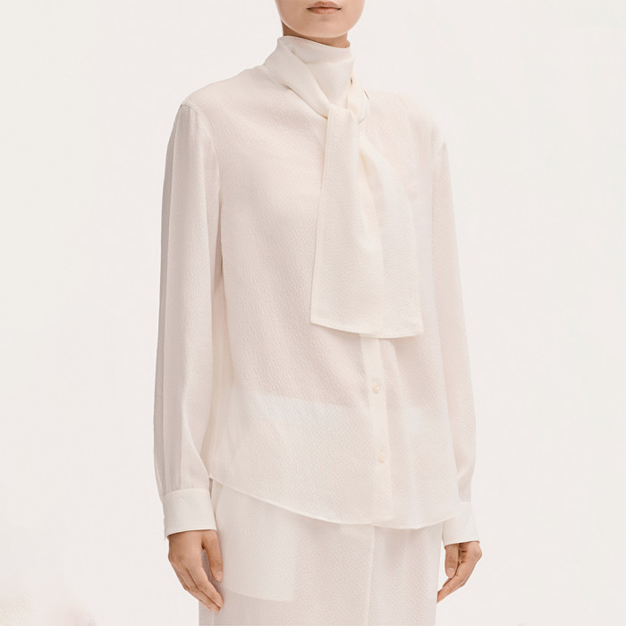 Chanel Long Sleeved Midi Skirt Blouse Silk Jacquard Silk White #381092