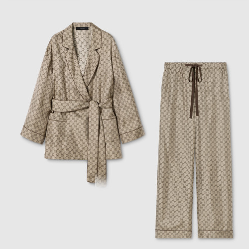 GUCCI Printed Silk Twill Leisure Pants Shirt in Beige and Dark Brown #381179