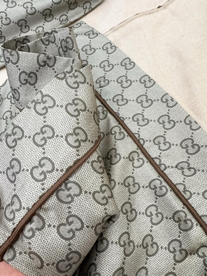 GUCCI Printed Silk Twill Leisure Pants Shirt in Beige and Dark Brown #381179