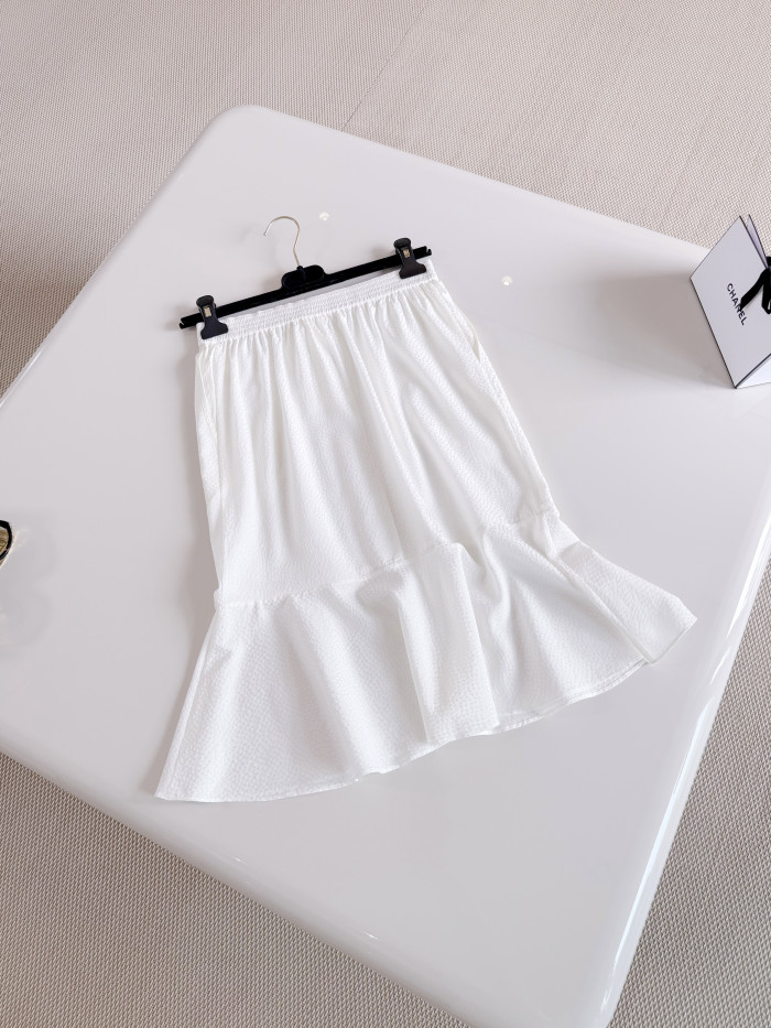 Chanel Long Sleeved Midi Skirt Blouse Silk Jacquard Silk White #381092