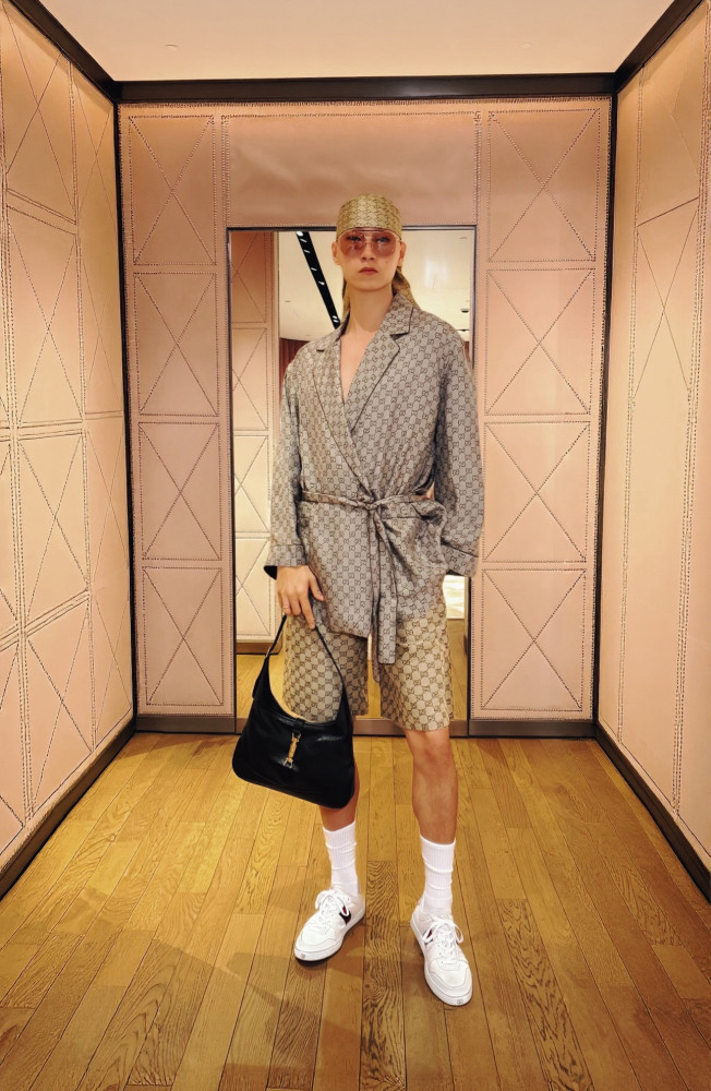 GUCCI Printed Silk Twill Leisure Pants Shirt in Beige and Dark Brown #381179