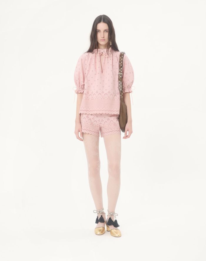 Valentino Sangallo Lace Top Shorts With Fleurs Ajours Margheritine Pattern for Woman in Pink #381095