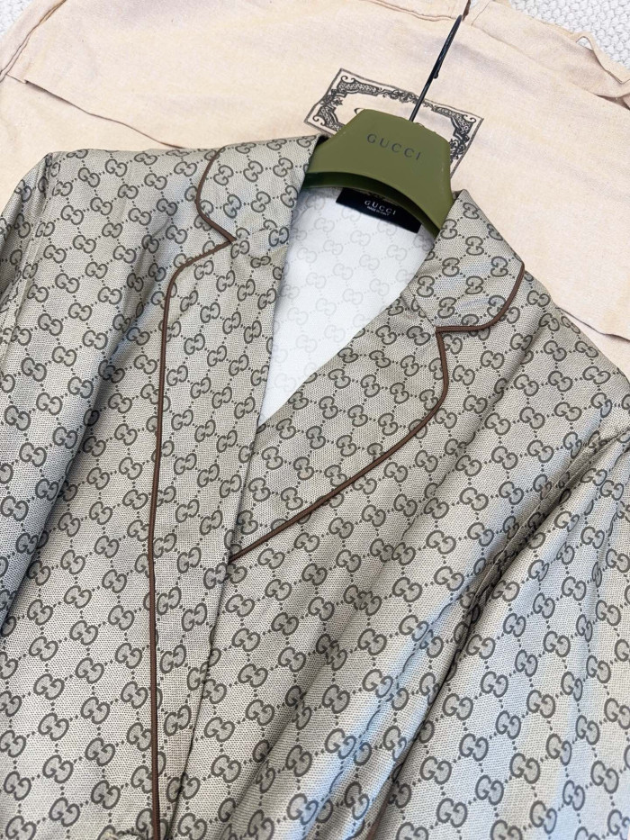 GUCCI Printed Silk Twill Leisure Pants Shirt in Beige and Dark Brown #381179