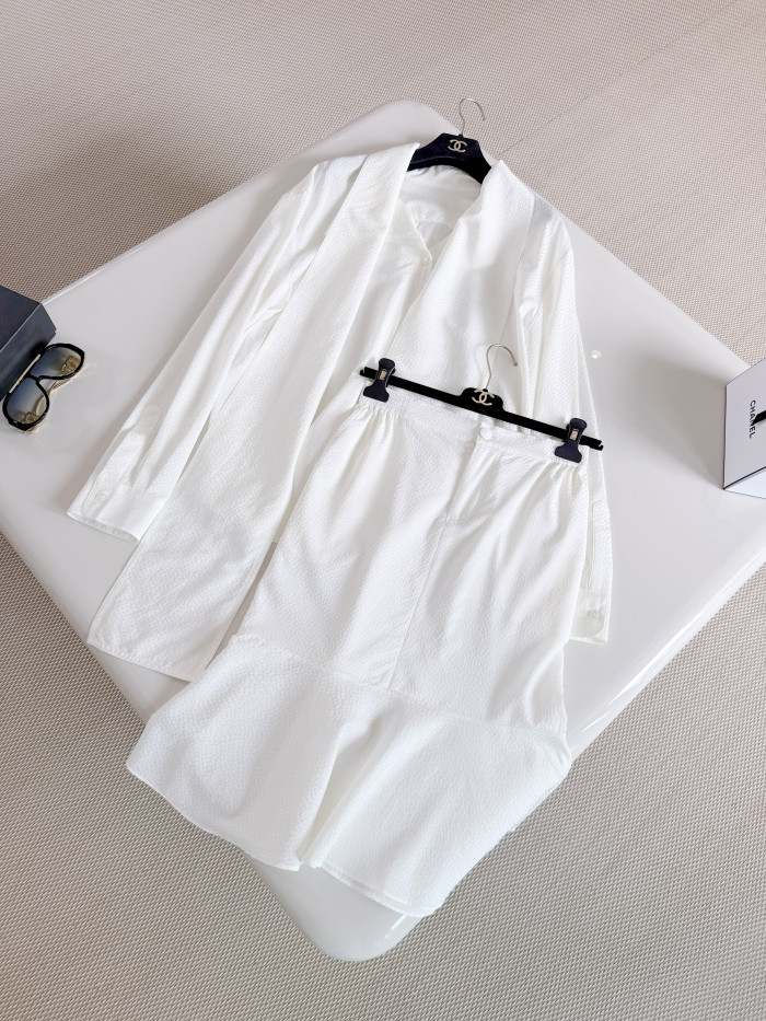 Chanel Long Sleeved Midi Skirt Blouse Silk Jacquard Silk White #381092