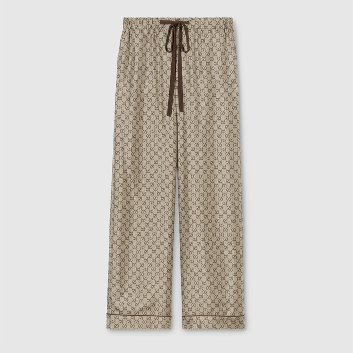 GUCCI Printed Silk Twill Leisure Pants Shirt in Beige and Dark Brown #381179