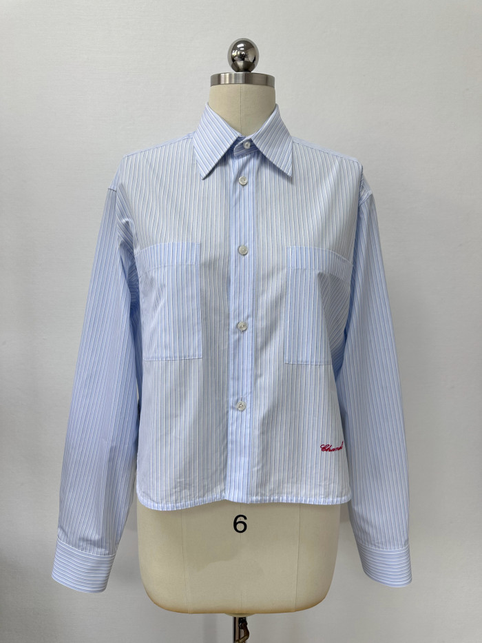 Chanel Top-quality Version Long-sleeved Shirt Cotton Poplin Blue White #381261