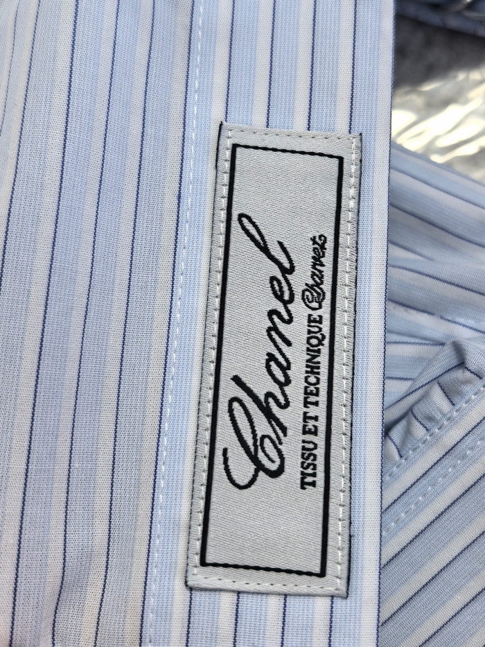 Chanel Top-quality Version Long-sleeved Shirt Cotton Poplin Blue White #381261