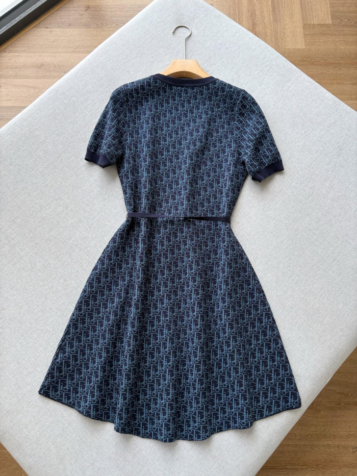 DIOR Short Flared Dress with Belt Navy Blue Dior Oblique Technical Jacquard #381327