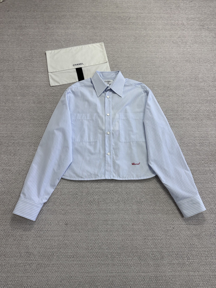 Chanel Top-quality Version Long-sleeved Shirt Cotton Poplin Blue White #381261