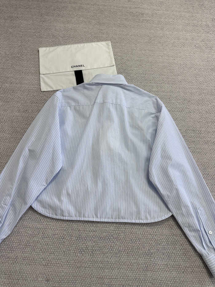 Chanel Top-quality Version Long-sleeved Shirt Cotton Poplin Blue White #381261