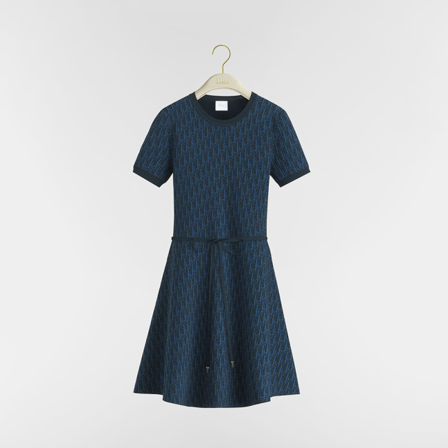 DIOR Short Flared Dress with Belt Navy Blue Dior Oblique Technical Jacquard #381327