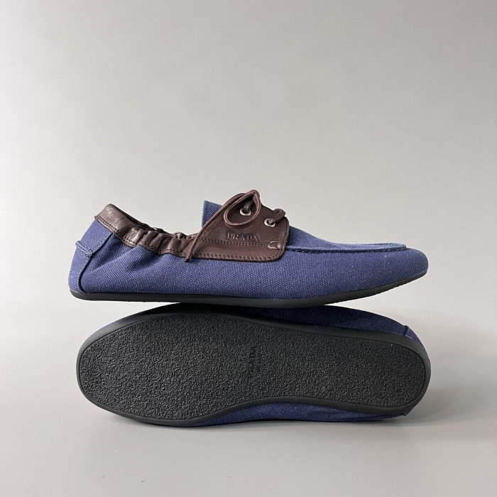 PRADA Shuffle Aged Canvas And Leather Boat Shoes #381722