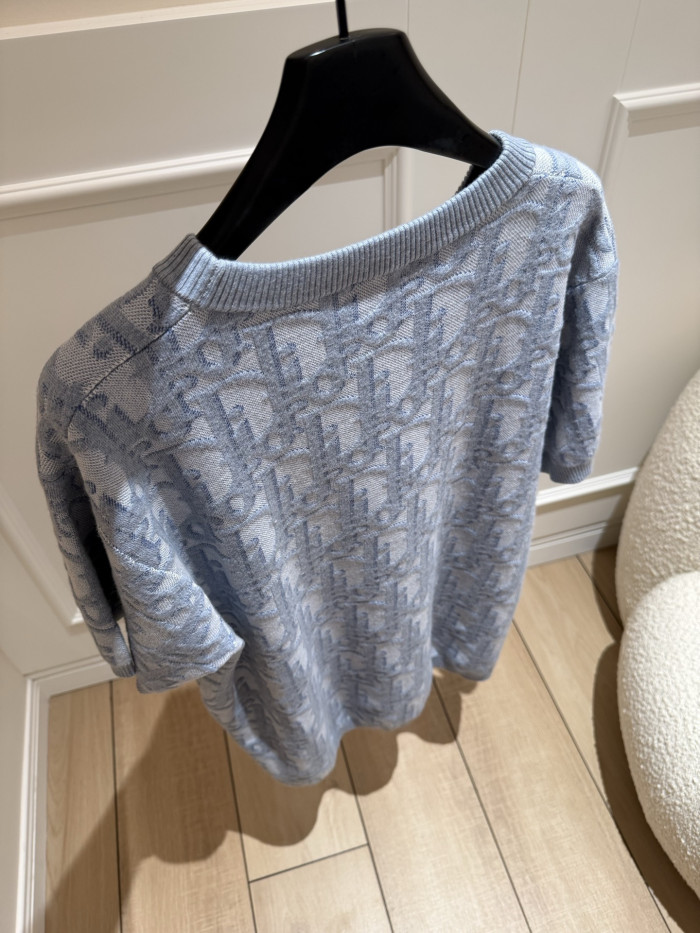 DIOR Dior Oblique T-Shirt Regular Fit Blue Cotton-Wool-Silk Jacquard #381597