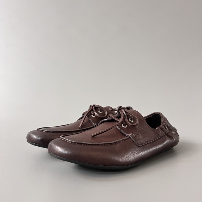 PRADA Shuffle Aged Canvas And Leather Boat Shoes #381722