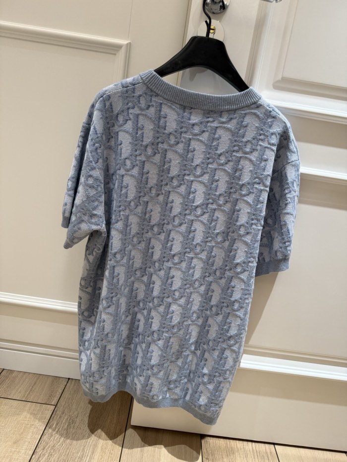 DIOR Dior Oblique T-Shirt Regular Fit Blue Cotton-Wool-Silk Jacquard #381597