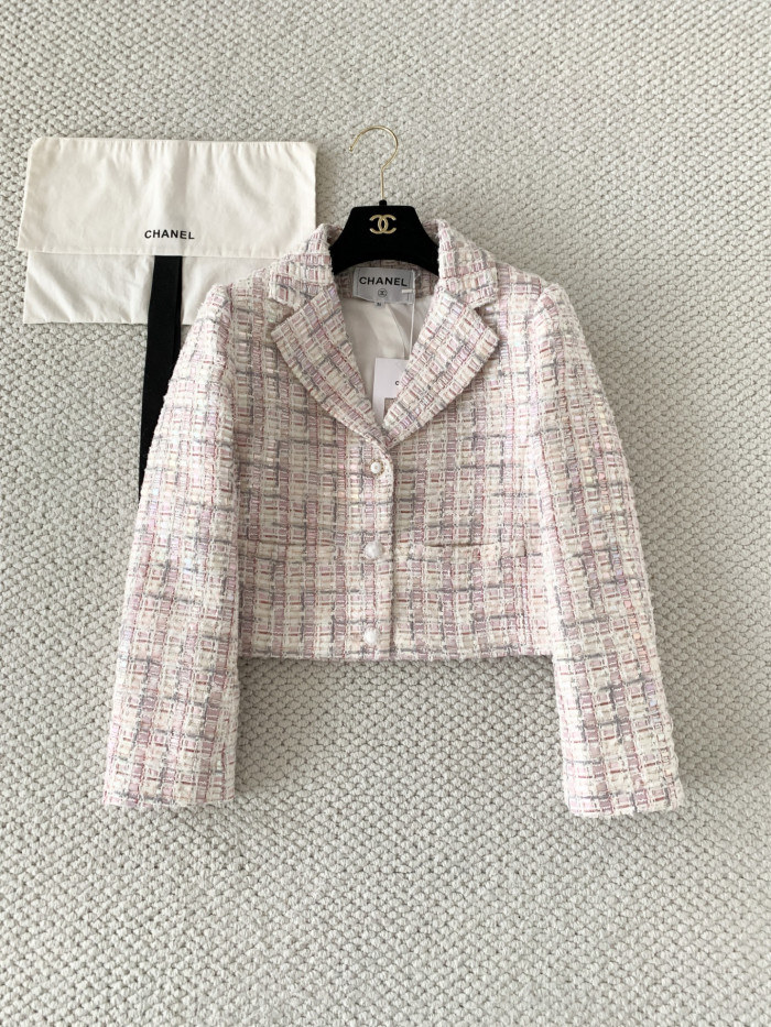Chanel Jacket Cotton Tweed Ecru Pink Grey #381776