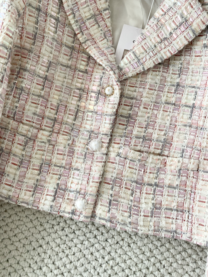 Chanel Jacket Cotton Tweed Ecru Pink Grey #381776