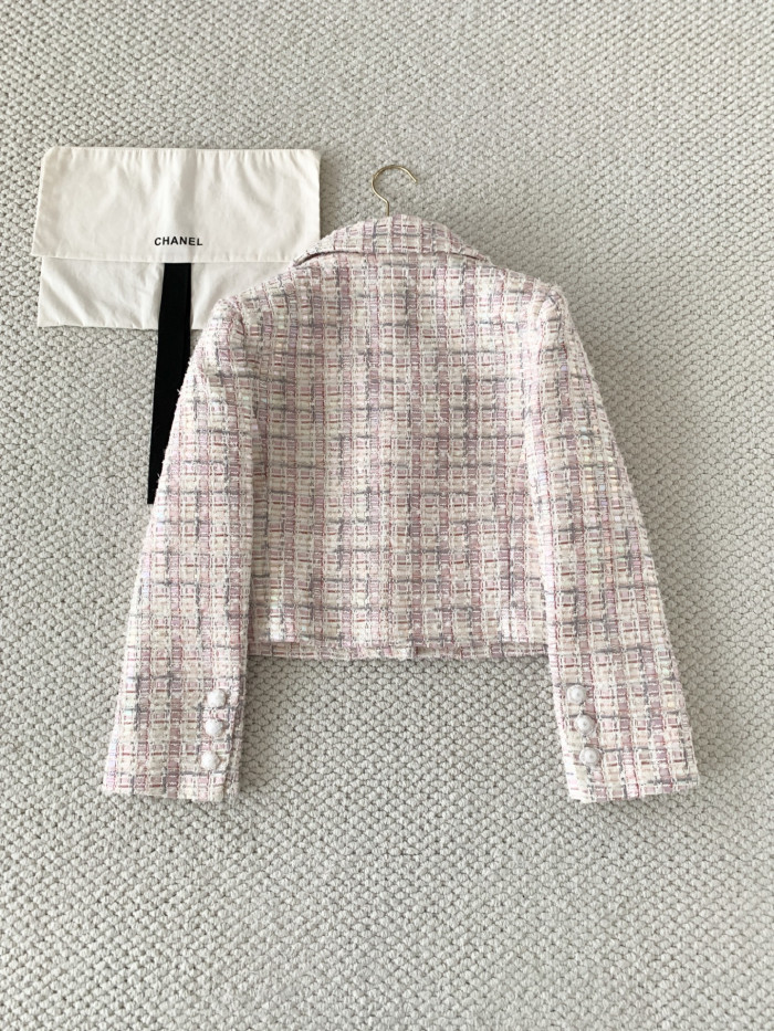 Chanel Jacket Cotton Tweed Ecru Pink Grey #381776