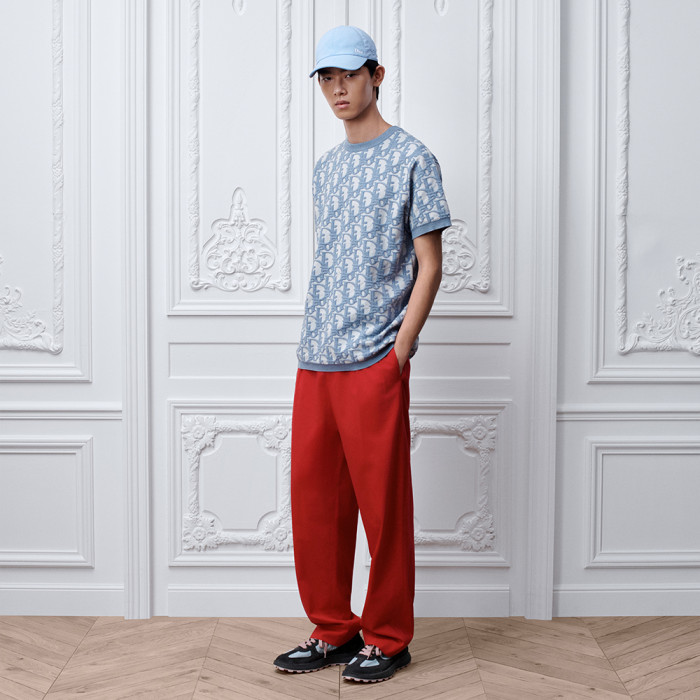 DIOR Dior Oblique T-Shirt Regular Fit Blue Cotton-Wool-Silk Jacquard #381597