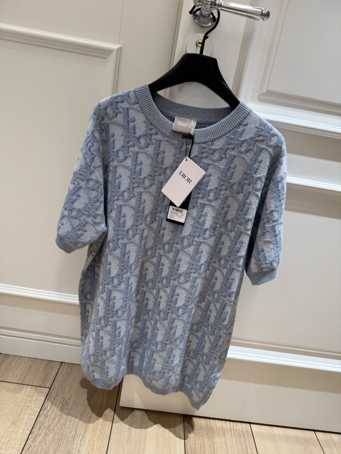 DIOR Dior Oblique T-Shirt Regular Fit Blue Cotton-Wool-Silk Jacquard #381597