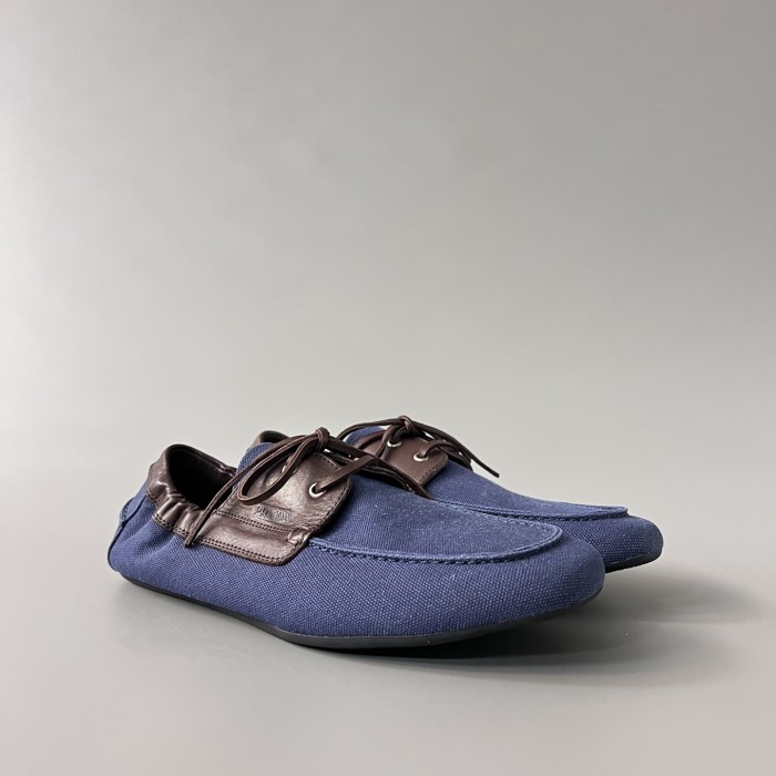 PRADA Shuffle Aged Canvas And Leather Boat Shoes #381722