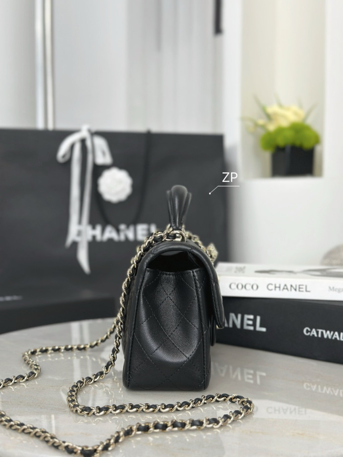 Chanel Mini Classic Handbag With Top Handle Lambskin Diamanté & Gold Metal Black #381896