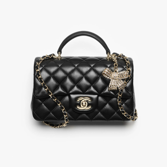 Chanel Mini Classic Handbag With Top Handle Lambskin Diamanté & Gold Metal Black #381896
