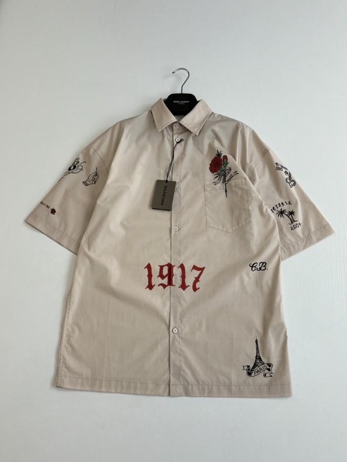  Balenciaga White Tattoo Wide Fit Shorts Shirt in Cotton Poplin #382148
