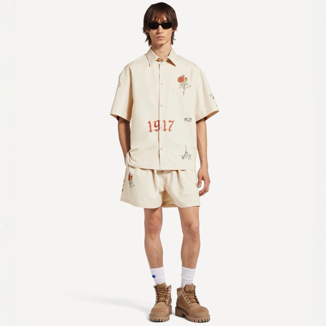  Balenciaga White Tattoo Wide Fit Shorts Shirt in Cotton Poplin #382148