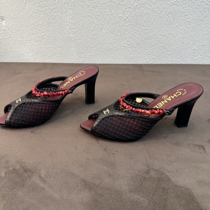 CHANEL Mules Mesh Cotton Lambskin Resin Metal Black #382390