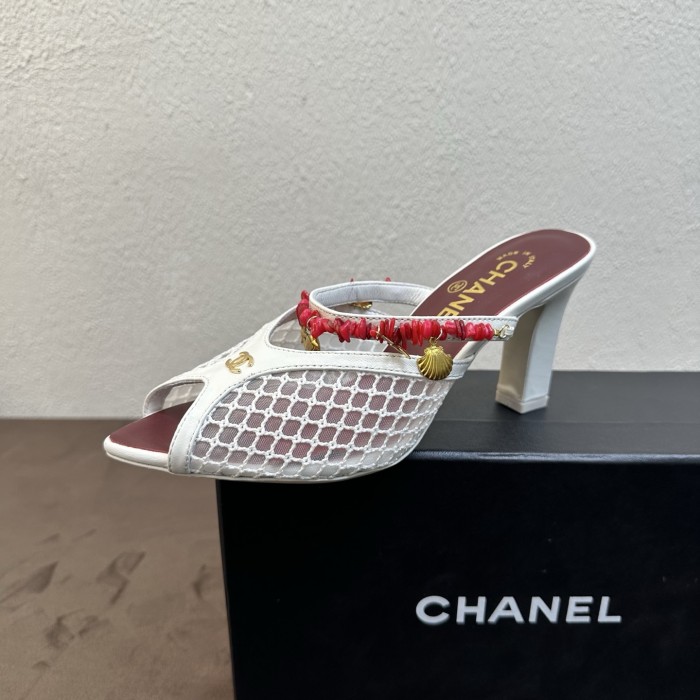 CHANEL Mules Mesh Cotton Lambskin Resin Metal Black #382390