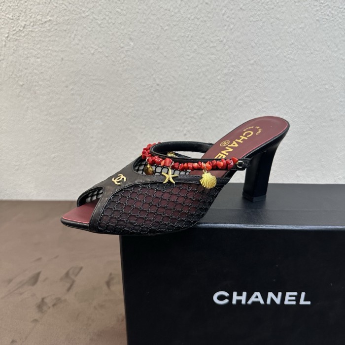 CHANEL Mules Mesh Cotton Lambskin Resin Metal Black #382390