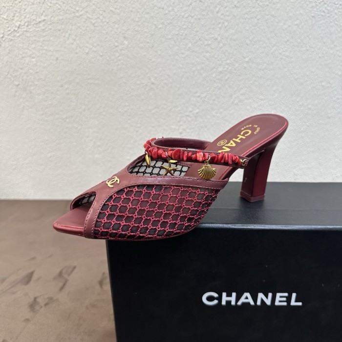 CHANEL Mules Mesh Cotton Lambskin Resin Metal Black #382390