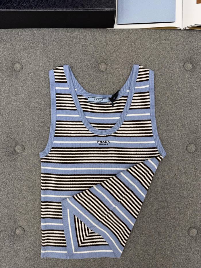 PRADA Light Blue white Cotton Knit Tank Top #382621