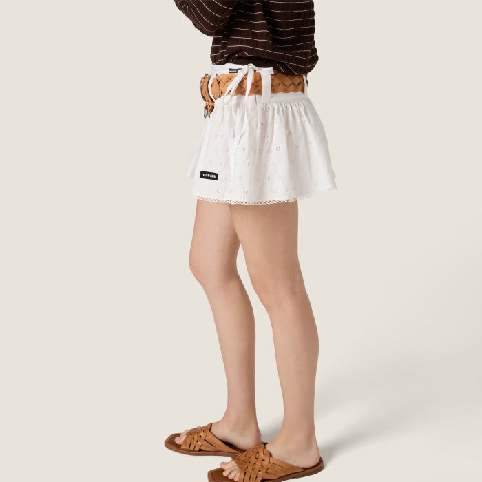 MiuMiu White Slubbed Eyelet Poplin Mini Skirt#382547