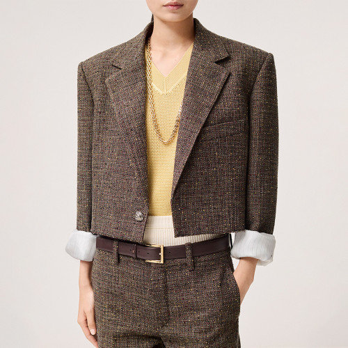 CHANEL Jacket Cotton Tweed Brown Burgundy Yellow #381759