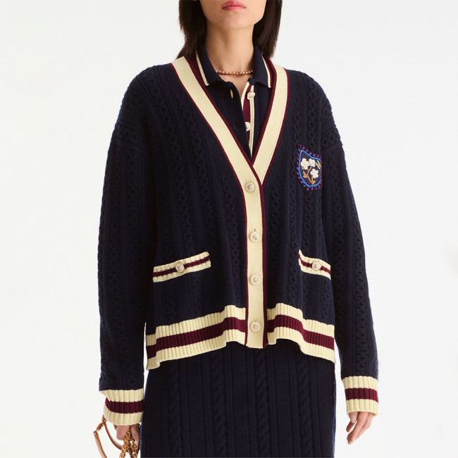 CHANEL Pullover Cashmere Cotton Navy Blue Light Yellow Burgundy#382833