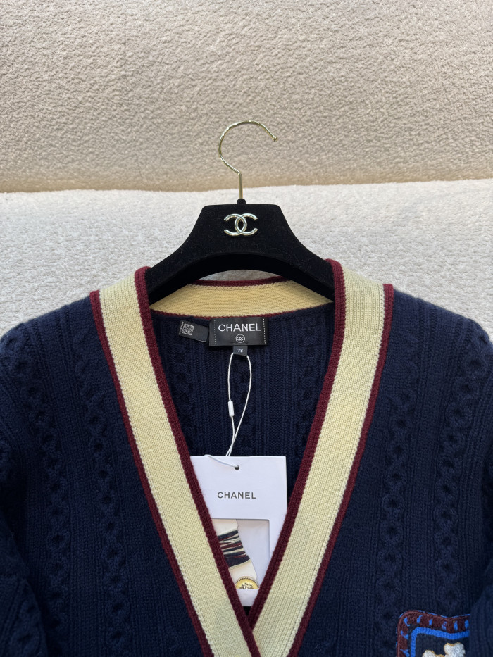 CHANEL Pullover Cashmere Cotton Navy Blue Light Yellow Burgundy#382833