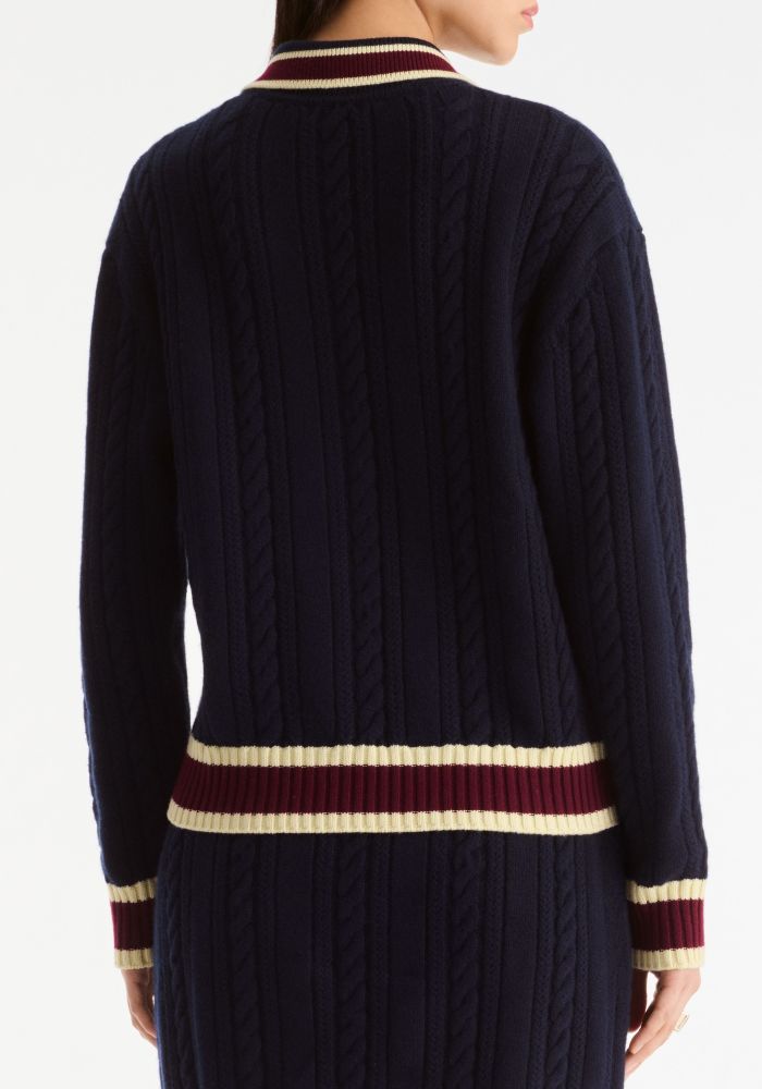 CHANEL Pullover Cashmere Cotton Navy Blue Light Yellow Burgundy#382833