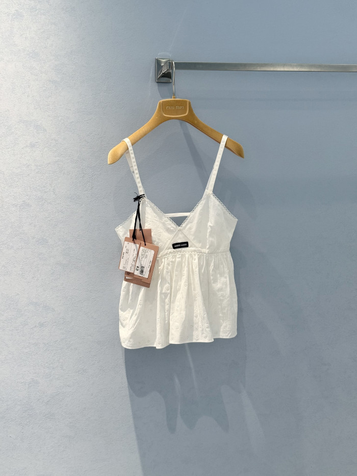 MiuMiu White Slubbed Eyelet Poplin Top #382546
