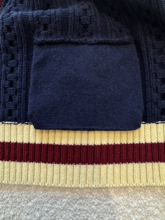 CHANEL Pullover Cashmere Cotton Navy Blue Light Yellow Burgundy#382833