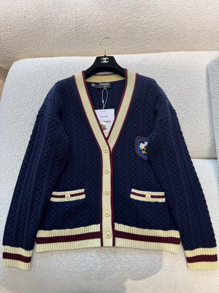 CHANEL Pullover Cashmere Cotton Navy Blue Light Yellow Burgundy#382833