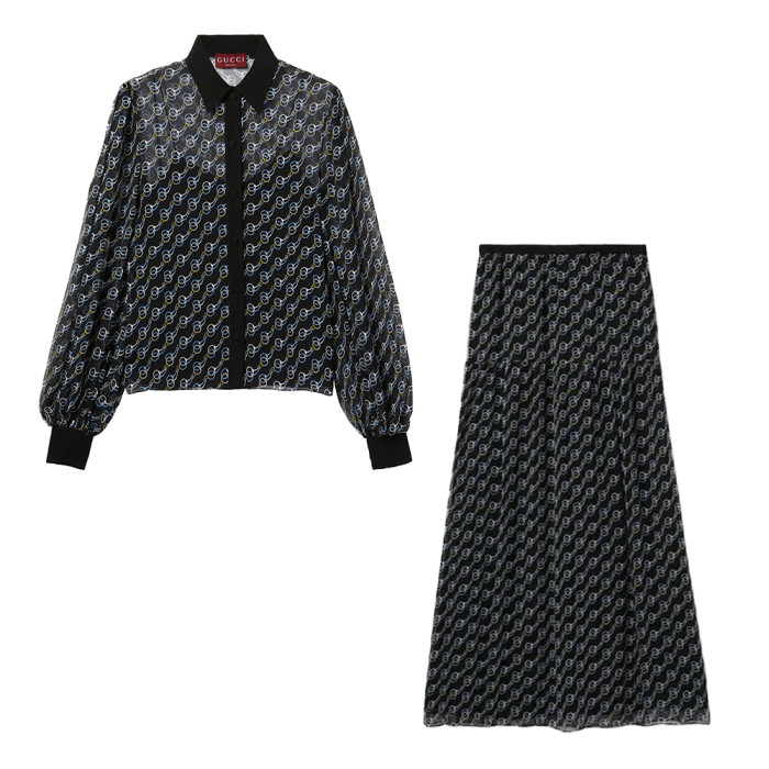 Gucci Printed Silk Creponne Shirt A-Line Skirt #312036