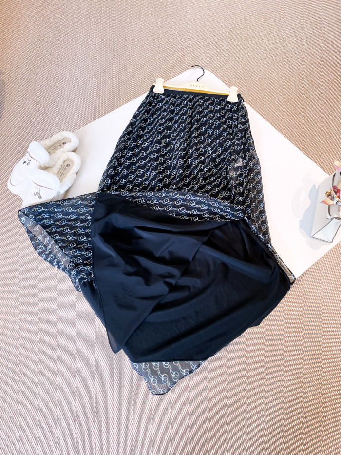 Gucci Printed Silk Creponne Shirt A-Line Skirt #312036