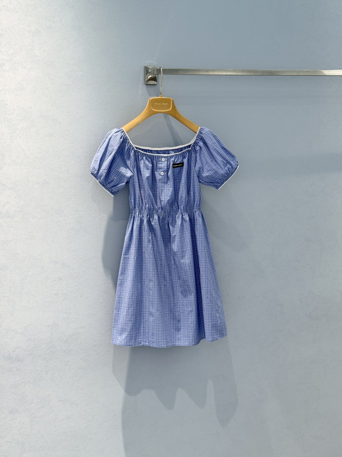 MiuMiu Light Blue Checked Poplin Mini-dress #383262