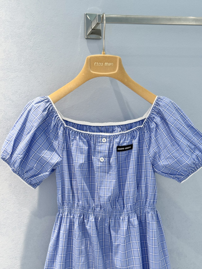 MiuMiu Light Blue Checked Poplin Mini-dress #383262