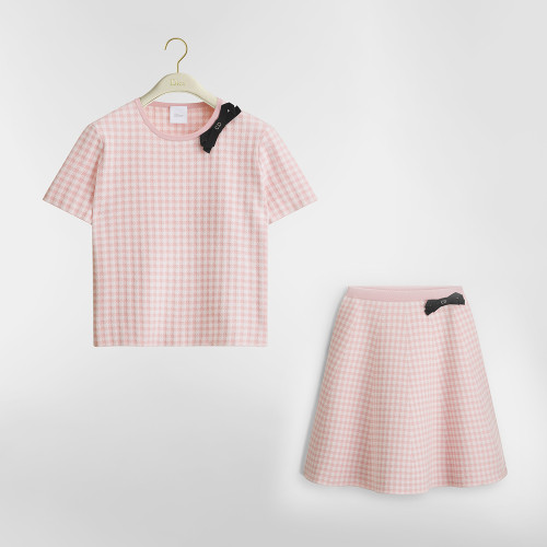 DIOR Dioriviera Flared Short-Sleeved Top Miniskirt Pink and White Dior Vichy Cotton-Blend Knit #383515