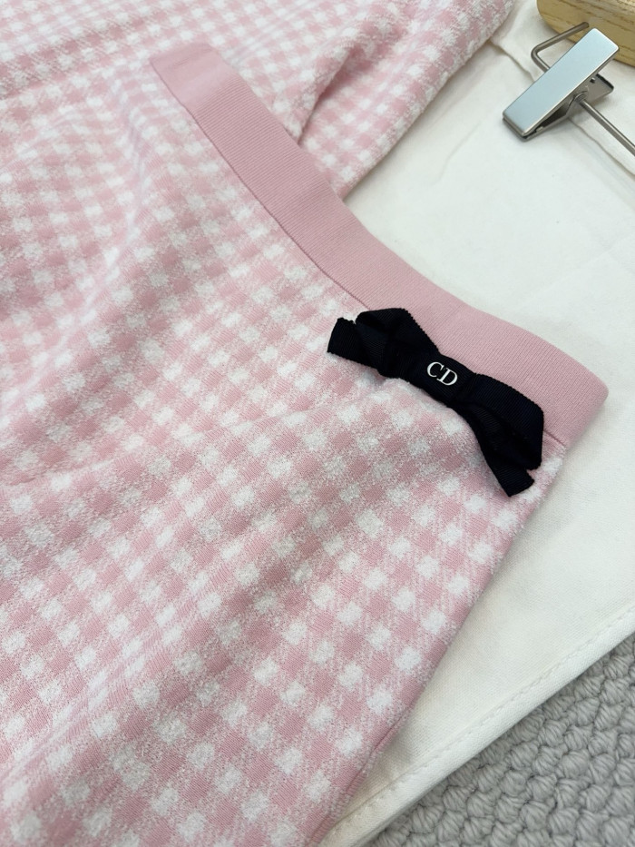 DIOR Dioriviera Flared Short-Sleeved Top Miniskirt Pink and White Dior Vichy Cotton-Blend Knit #383515